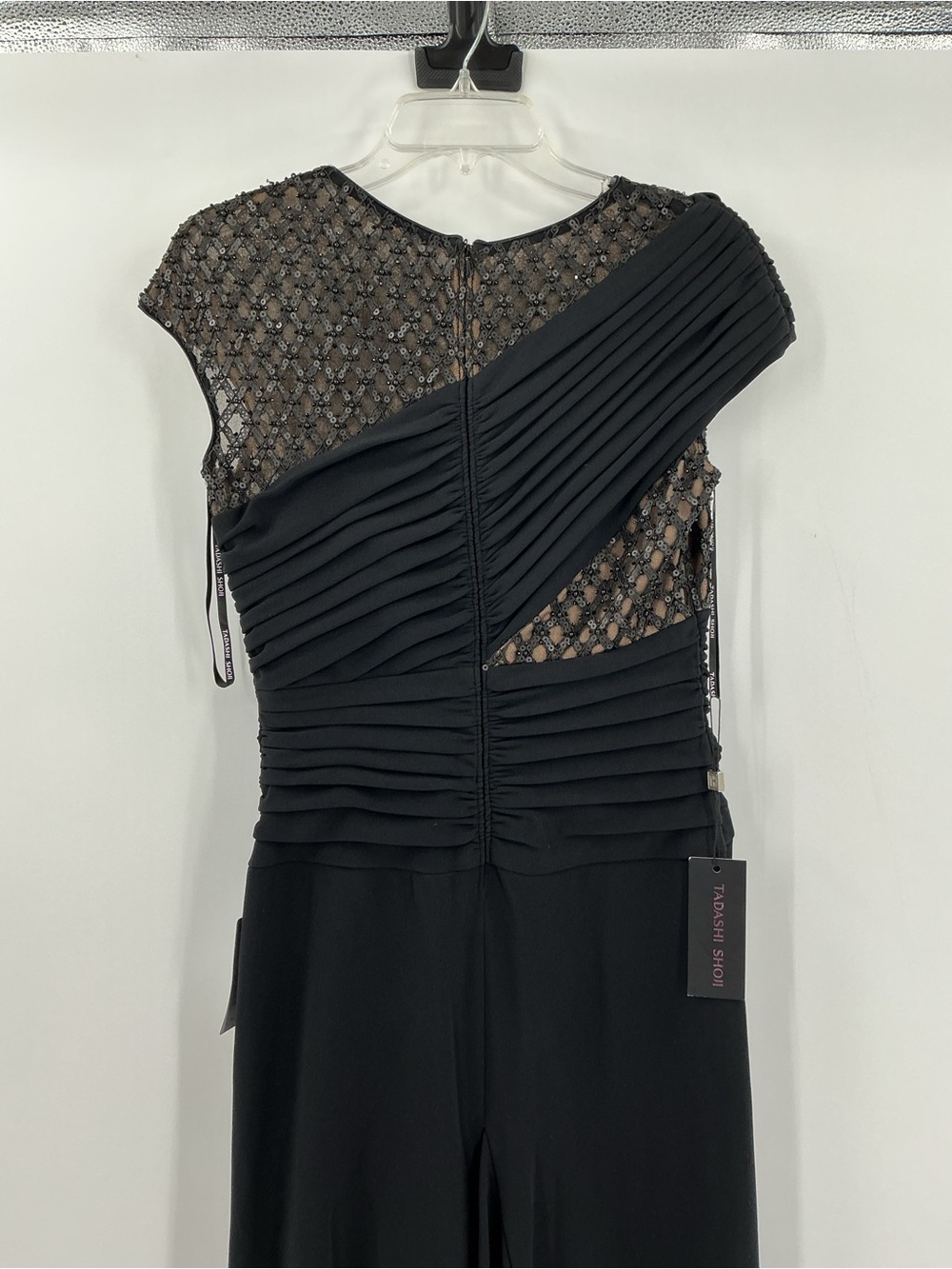 NWT Tadashi Shoji Black Beaded Mesh Draped Size S Jetta Peek-A-Boo Illusion Gown - Picture 9 of 16